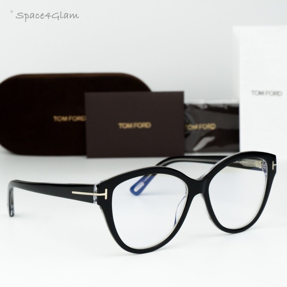 Tom Ford Woman Eyeglasses Black Crystal Blue Block Cat Eye FT5954-B 003 NEW